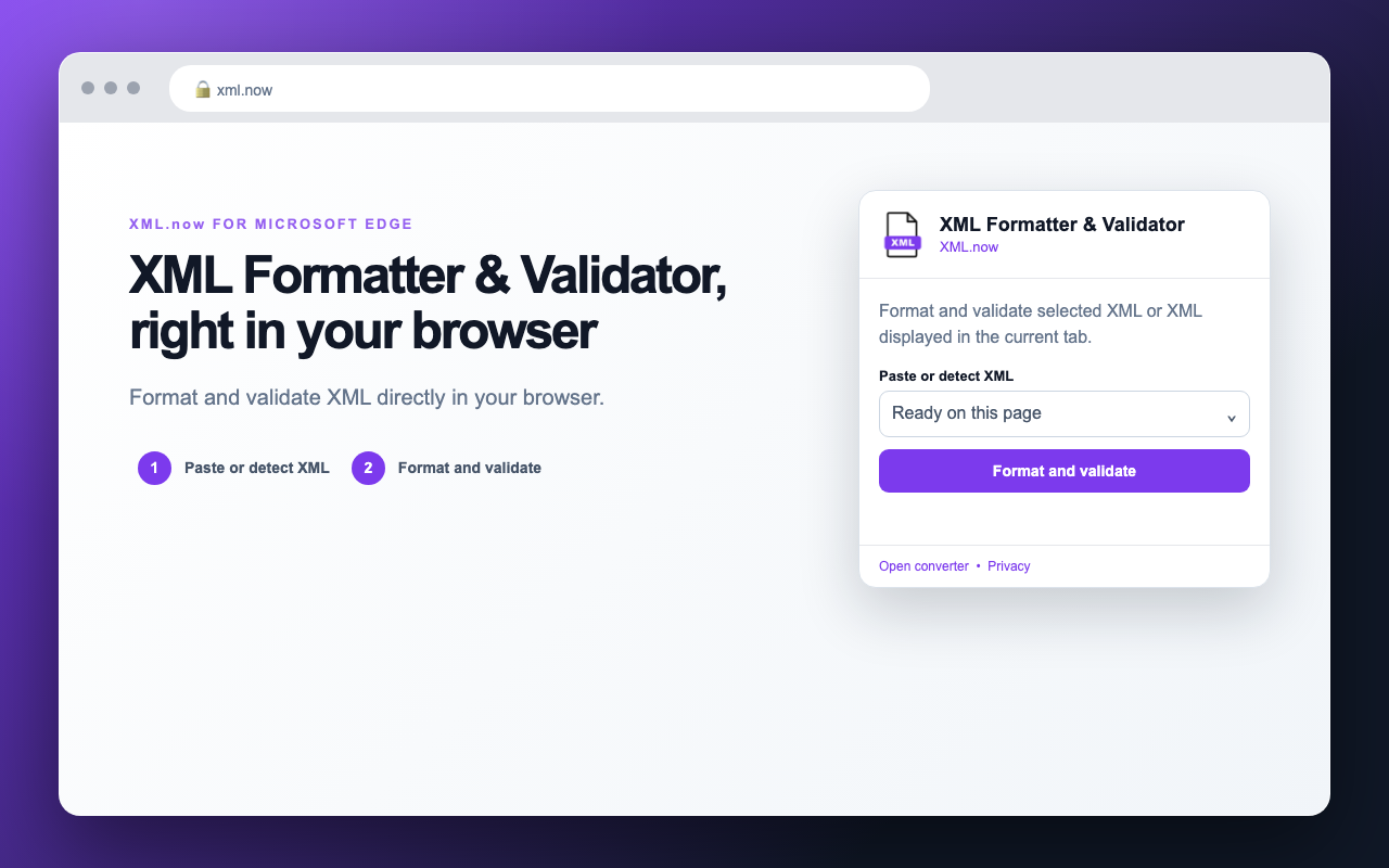 XML Formatter & Validator interface in Microsoft Edge